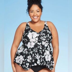 Kona Sol Plus Size Over The Shoulder Tankini Top Black Floral Women’s 20W NWT